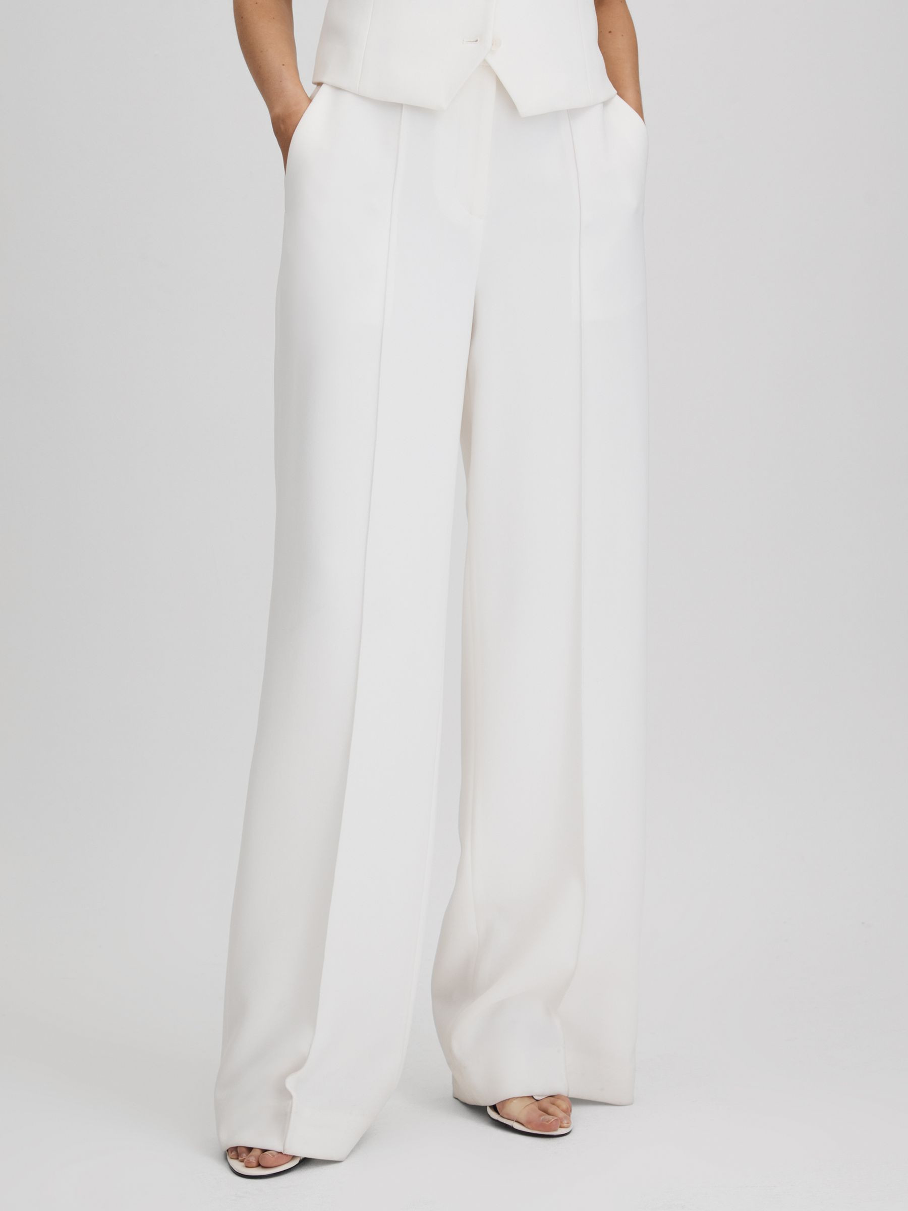 Reiss Crepe Wide Leg Suit Trousers in White - REISS | Reiss UK