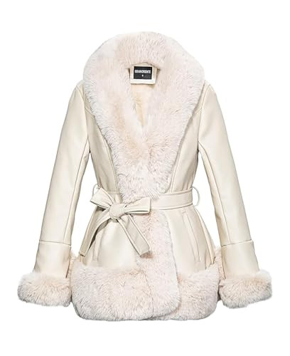 GRAN ORIENTE Faux Leather Jacket for Women with Faux Fur Collar Long Sleeve Fuzzy Parka Overcoat with Warm Trimmed Winter Peplum Coat Belted (GK007 Beige M) | Amazon (US)