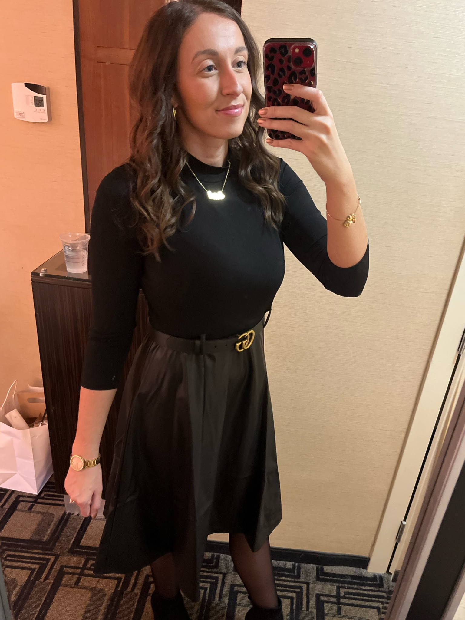 Faux-Leather Mock-Neck Fit & Flare Dress calvin klein macys 
Gucci belt
Steven madden booties

#LTKstyletip #LTKHoliday #LTKSeasonal
