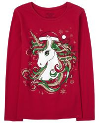 Girls Christmas Long Sleeve Glitter Unicorn Graphic Tee | The Children's Place