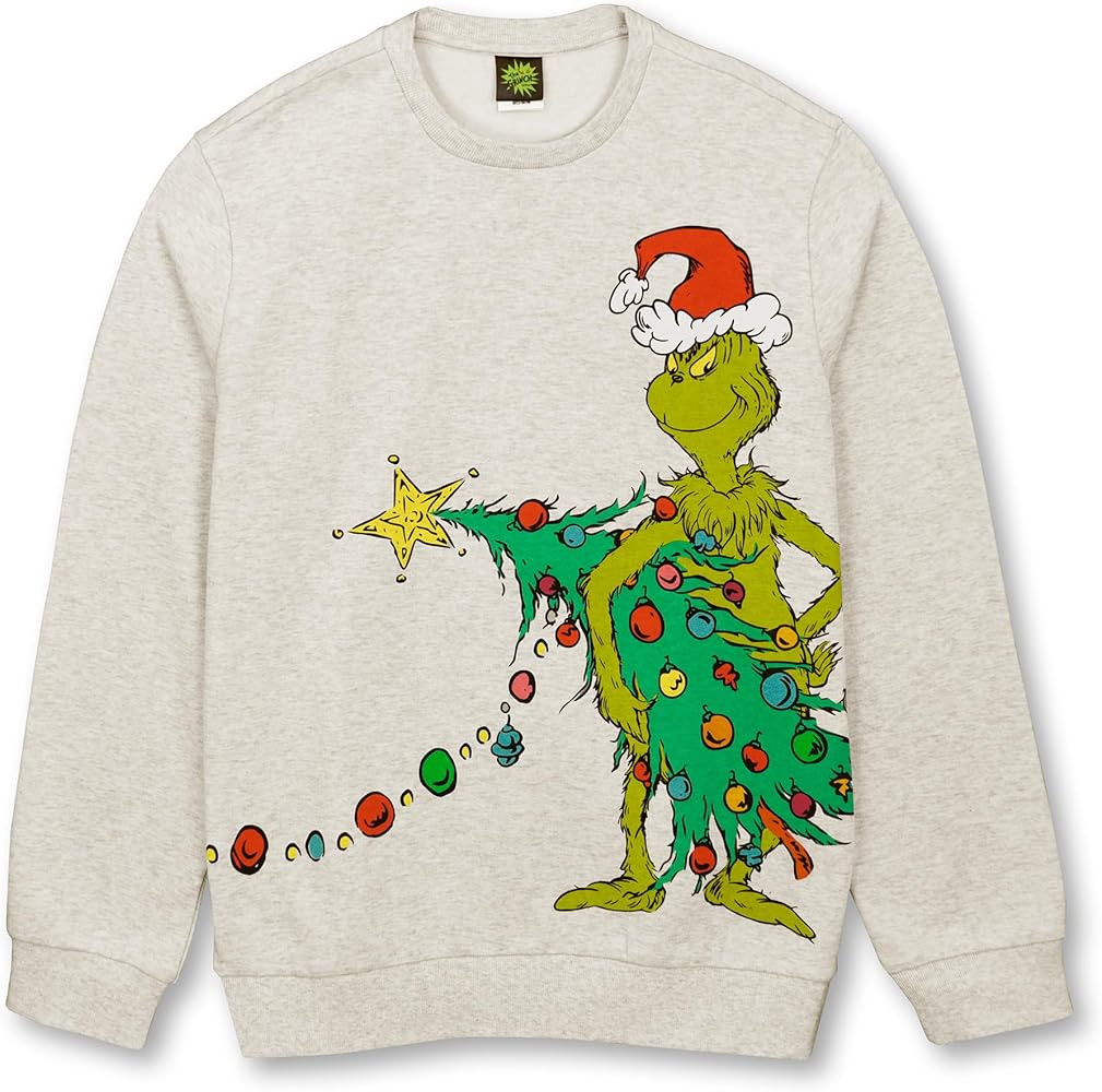 Mad Engine Men's The Grinch Christmas Tree Lights Sweatshirt - Beige - Large | Amazon (US)