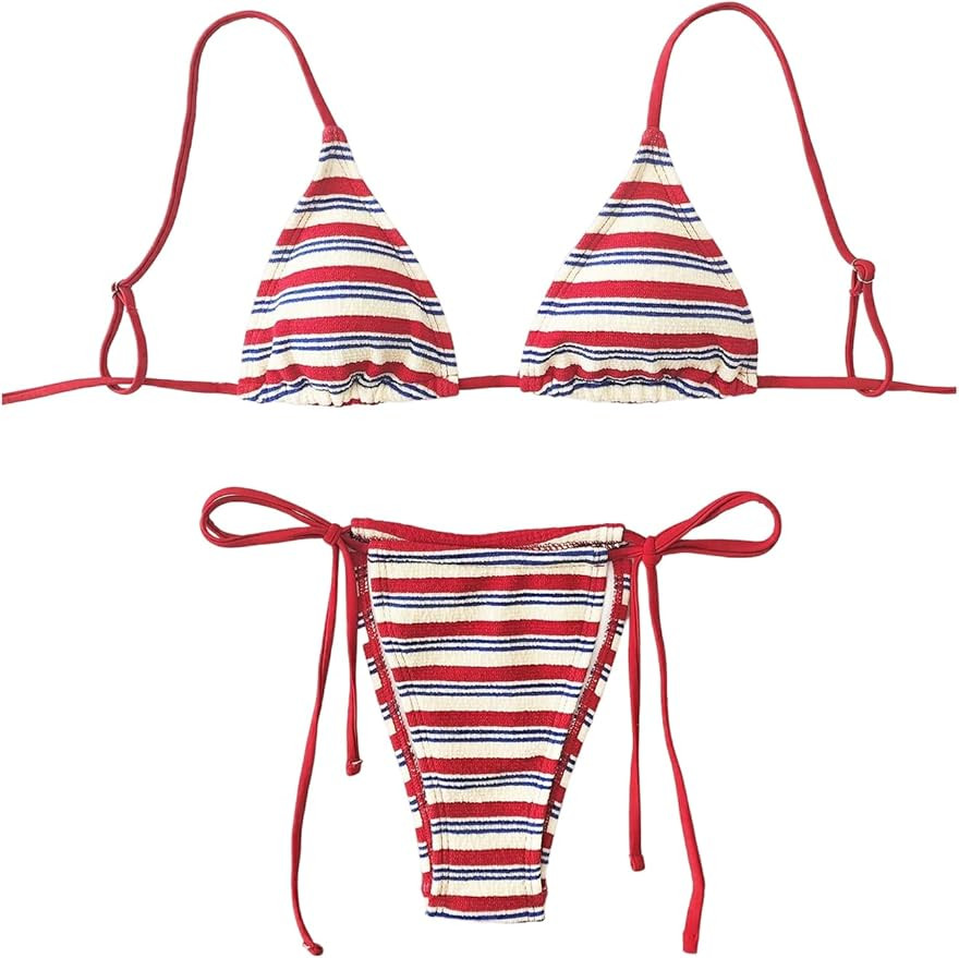 GORGLITTER Women's Striped High Waisted Bikini Sets Cute Cheeky Triangle String Thong Swimsuit Ba... | Amazon (US)