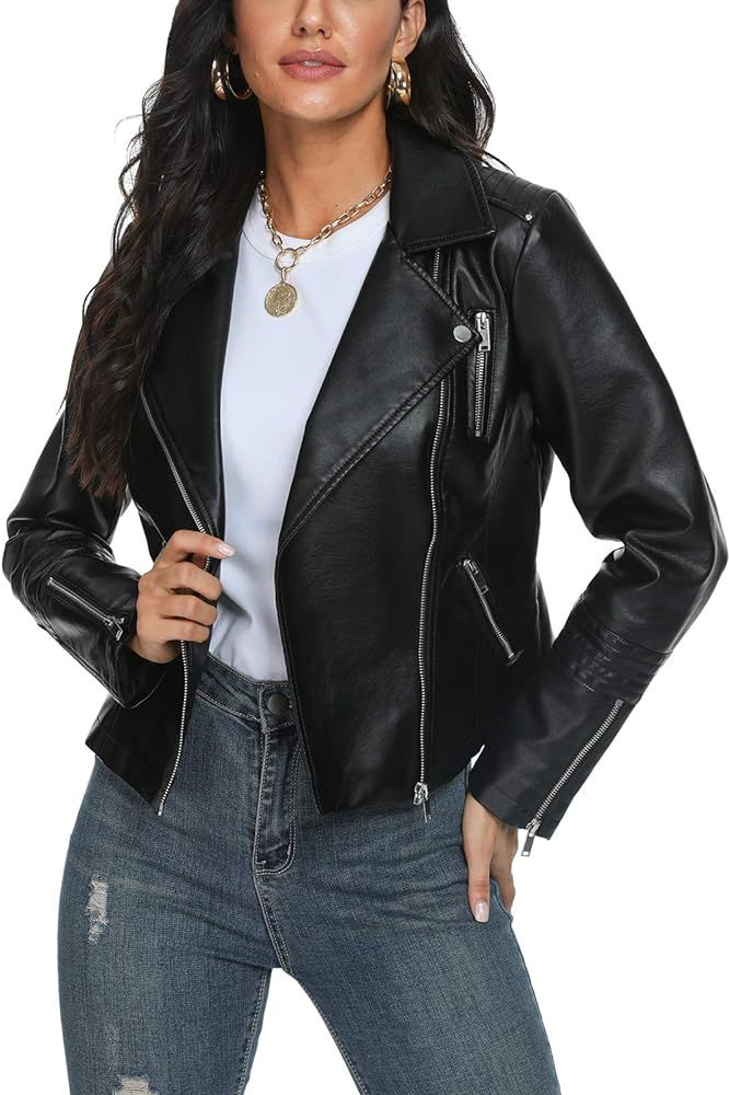 Women Leather Jackets, Faux Motorcycle Plus Size Moto Biker Coat Short Lightweight Vegan Pleather... | Amazon (US)
