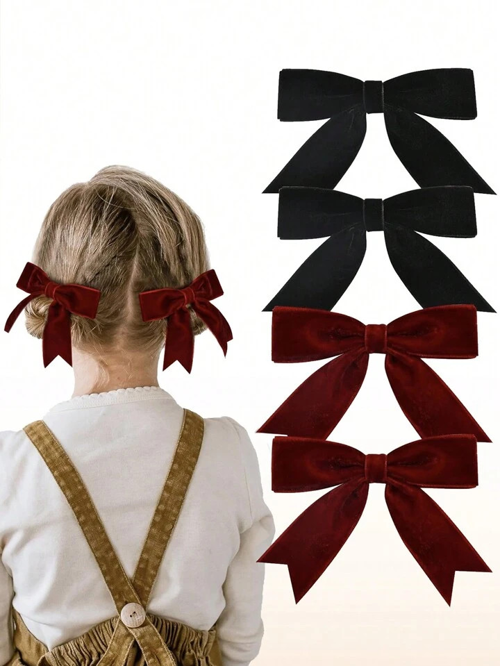 4 Pcs Girls Velvet Hair Bows Set, Hand-Made Baby Girl Velvet Bows Hair Clips For Little Girls Tod... | SHEIN