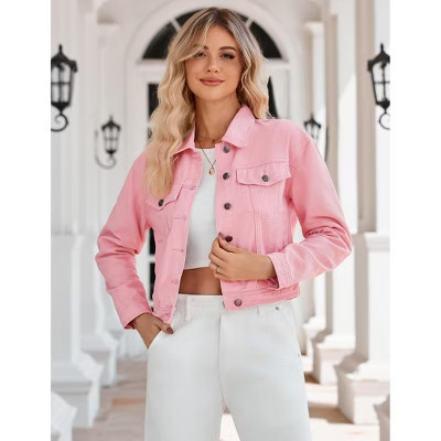 Women's Jean Jacket Frayed Washed Button Up Cropped Denim Jacket With Pockets Pink L | Target