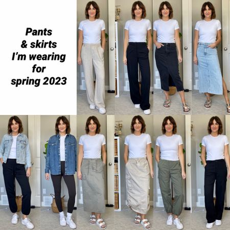 Pants and skirts I’m wearing for spring 2023:
I’m 5’ 7” size 4:
Trousers: wearing my usual 4 in the black pair and S in the linen pair
Denim skirts: I made the black one from an old pair of jeans but I’ll link similar. Wearing my usual S in the side slit skirt, it’s a bit snug but will hopefully stretch out. Size up if you’re between sizes
Joggers: wearing my usual S
Leggings: wearing S/M
Cargo skirts: wearing my usual S in the darker green and sized down to XS in the lighter one
Cargo joggers: sized down to XS
Cargo pants: sized up to M
Also linked my silver and white Birkenstocks (I’m size 7.5 wearing 38) and white sneakers (fit tts)

#LTKstyletip #LTKunder50 #LTKSeasonal