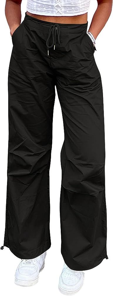 Y2K Cotton Cargo Pants for Women Drawstring Baggy Parachute Pants High Waist with Pockets | Amazon (US)