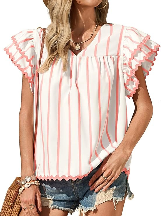 Tankaneo Womens Ruffle Short Sleeve Blouse V Neck Striped Pleated Trim Shirts Summer Casual Loose... | Amazon (US)