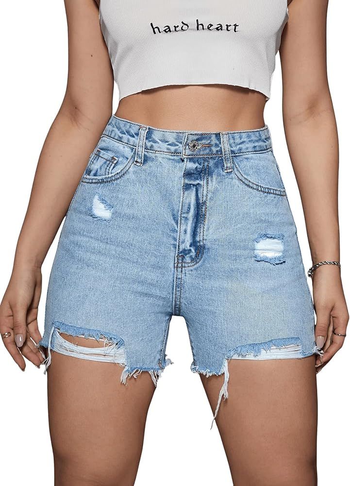 SweatyRocks Women's High Waist Denim Shorts Straight Leg Raw Hem Jean Shorts Summer Hot Pants wit... | Amazon (US)