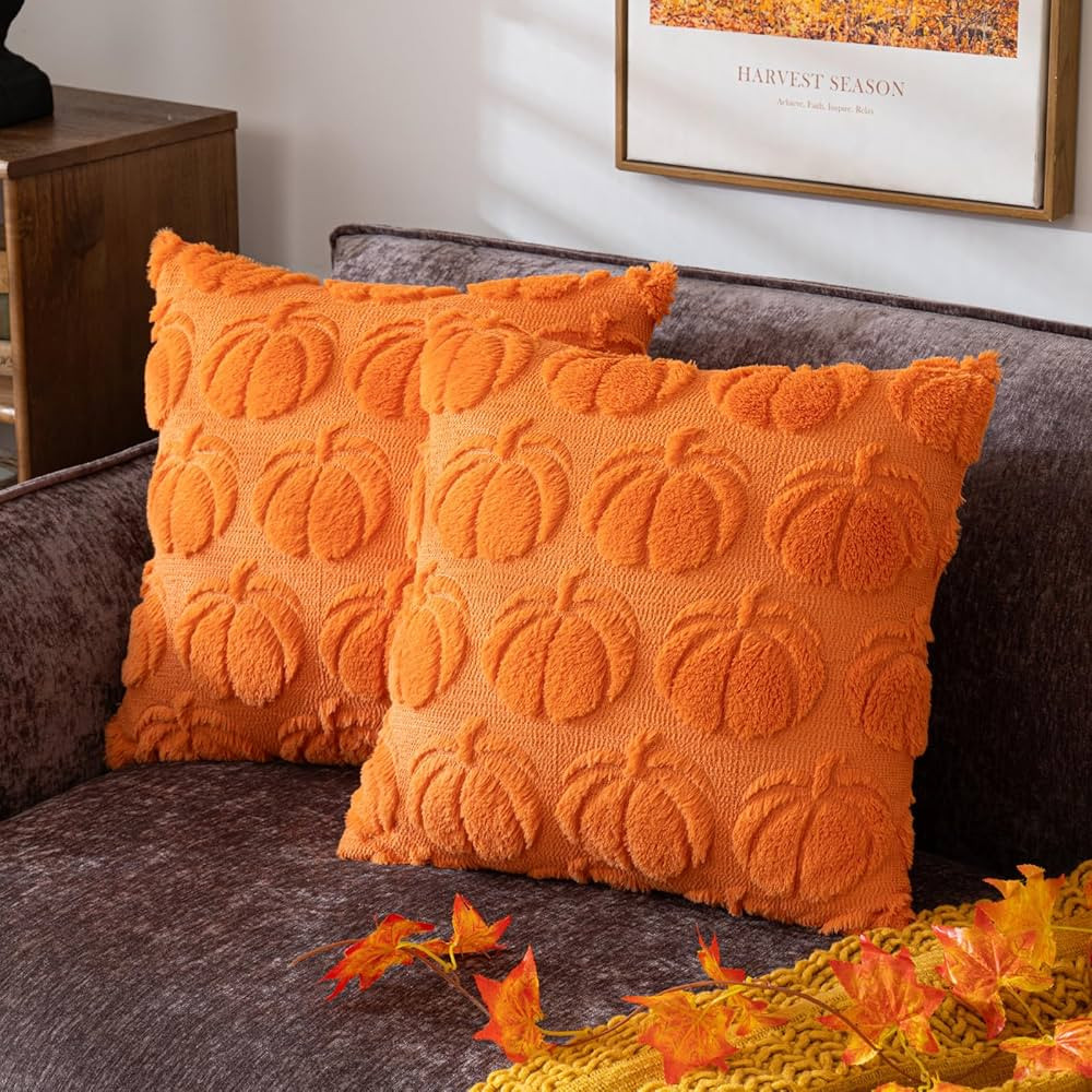 Pumpkin Fall Decorative Throw Pillow Covers 18"x18", Set of 2 Orange Soft Faux Fur Pillow Covers ... | Amazon (US)