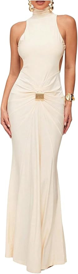 OYOANGLE Women's Sleeveless High Neck Open Back Maxi Dress Metal Decor Party Cocktail Ruched Fish... | Amazon (US)