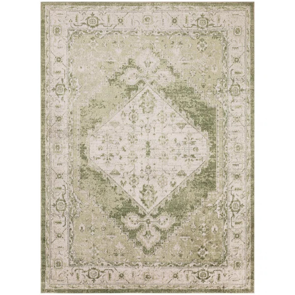 Haydel Oriental Machine Washable Power Loom Polyester Area Rug in Ivory/Green | Wayfair North America