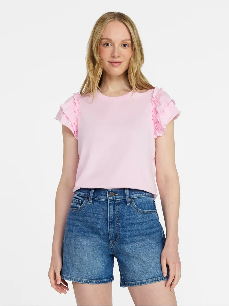 Time and Tru Women's Cotton Crewneck Tee with Ruffle Flutter Sleeves, Sizes XS-XXXL | Walmart (US)