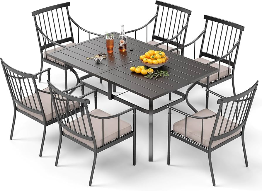 PHI VILLA 7 Piece Outdoor Dining Set with Cushion, 60\u201d Rectangular Metal Dining Table with U... | Amazon (US)