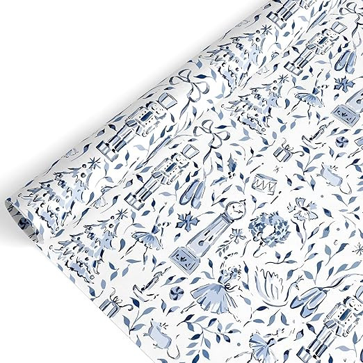 JarThenaAMCS Christmas Wrapping Paper - Mini Roll - 17 Inch x 32.8 Ft Blue Xmas Tree Nutcracker G... | Amazon (US)