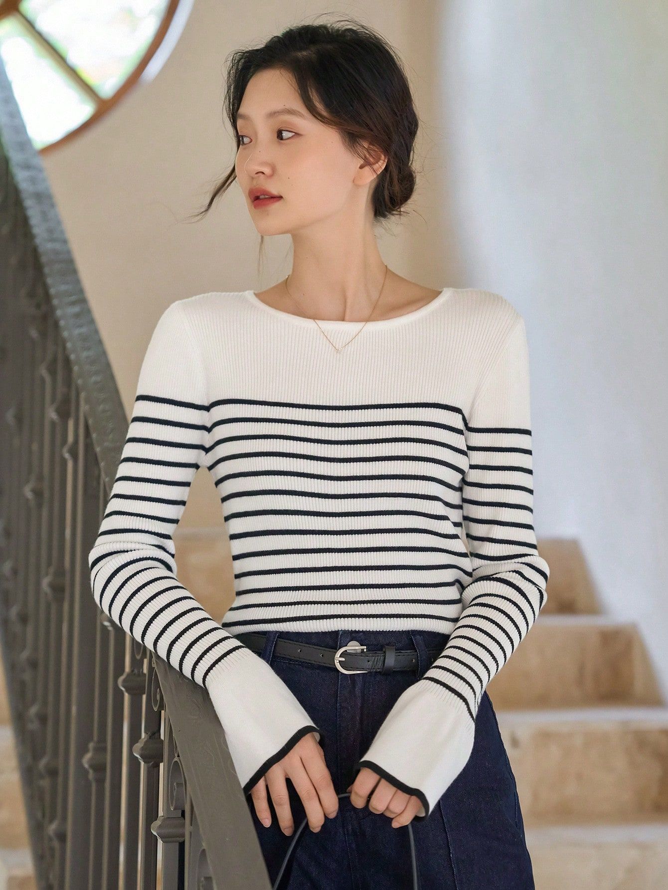 DAZY Striped Pattern Ribbed Knit Sweater | SHEIN