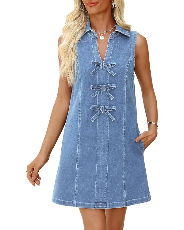 Denim Dress for Women Sleeveless Jean Dress V Neck A Line Bow Tie Front Casual Mini Dresses with ... | Amazon (US)