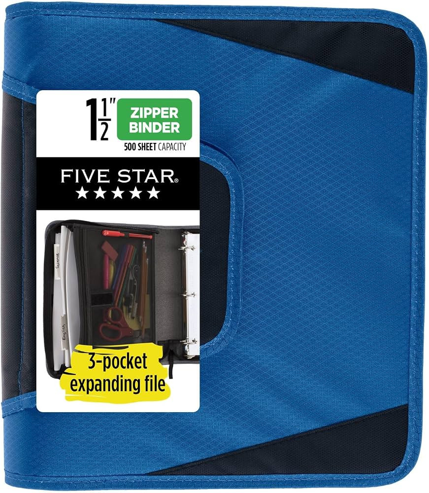 Five Star Zipper Binder, 1-1/2 Inch 3-Ring Binder for School, 3 Pocket Expanding File, 500 Sheet ... | Amazon (US)
