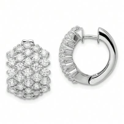 Serling Silver Rhodium Plated WHITE Cubic Zirconia HUGGIE STYLE HOOP With Post, Notch & Lock Closure | SHEIN