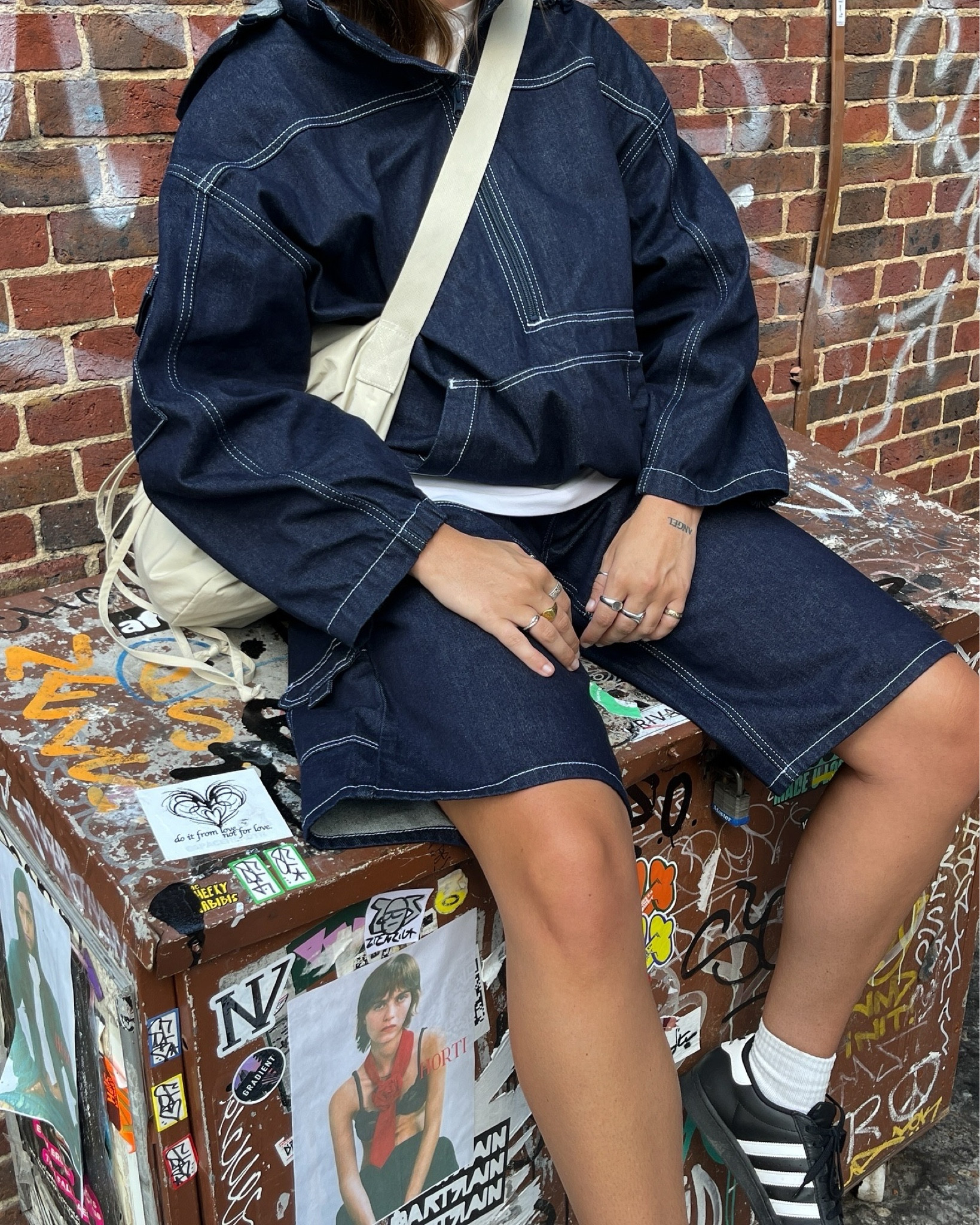 Wearing size M! Double denim forever 🧍🏽‍♀️ Wearing ASOS Design dark denim co ord! Dark indigo denim baggy zip up hoodie with baggy indigo denim jorts, adidas superstars and Uniqlo drawstring bag! 

#asos #asosdesign #denimcoord #darkdenim #indigodenim #tombotstyle 

#FashionMonth #LTKuk #LTKautumn