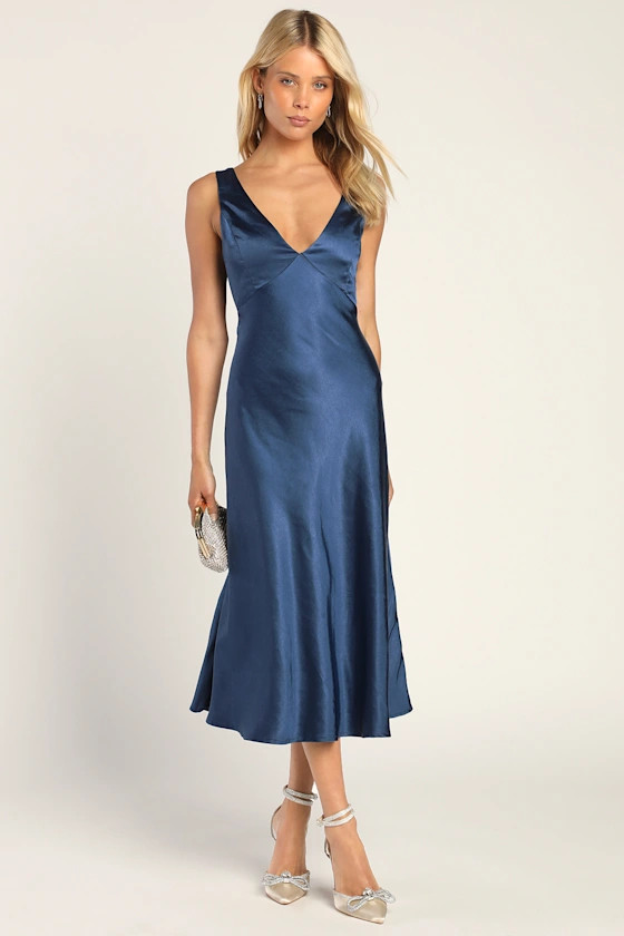 Incredible Love Navy Satin Cowl Back Midi Slip Dress | Lulus