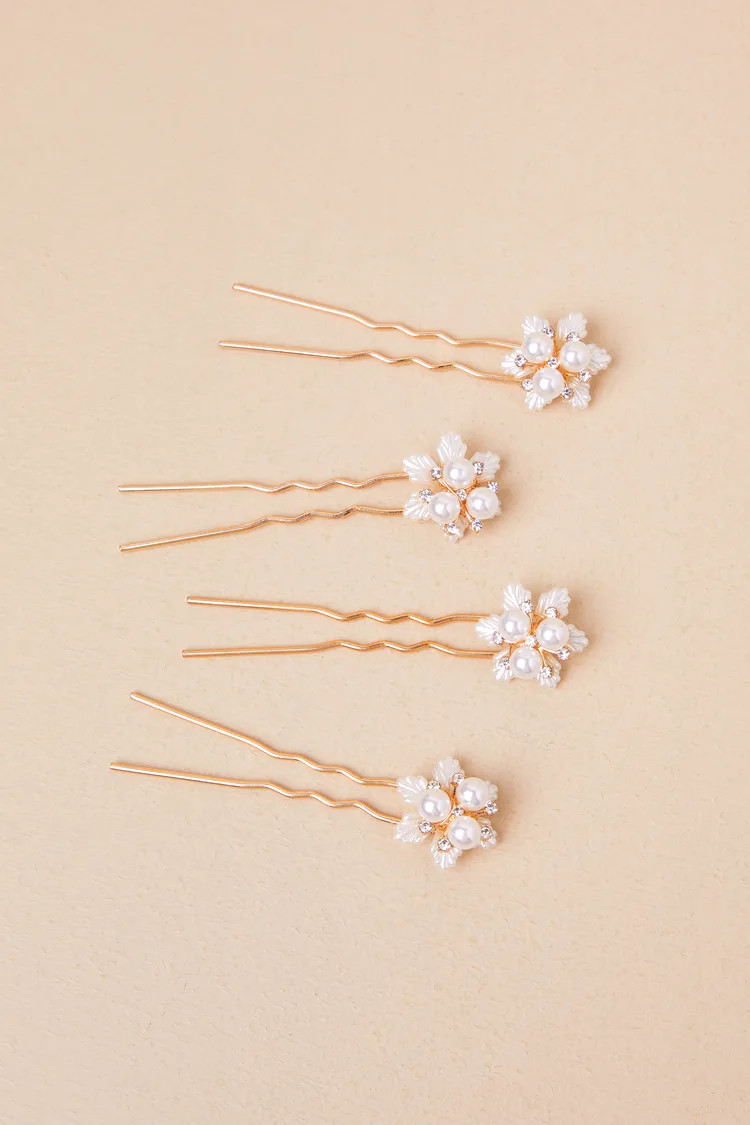 Glorious Glitter Gold Pearl Rhinestone 4-Piece Hair Pin Set | Lulus