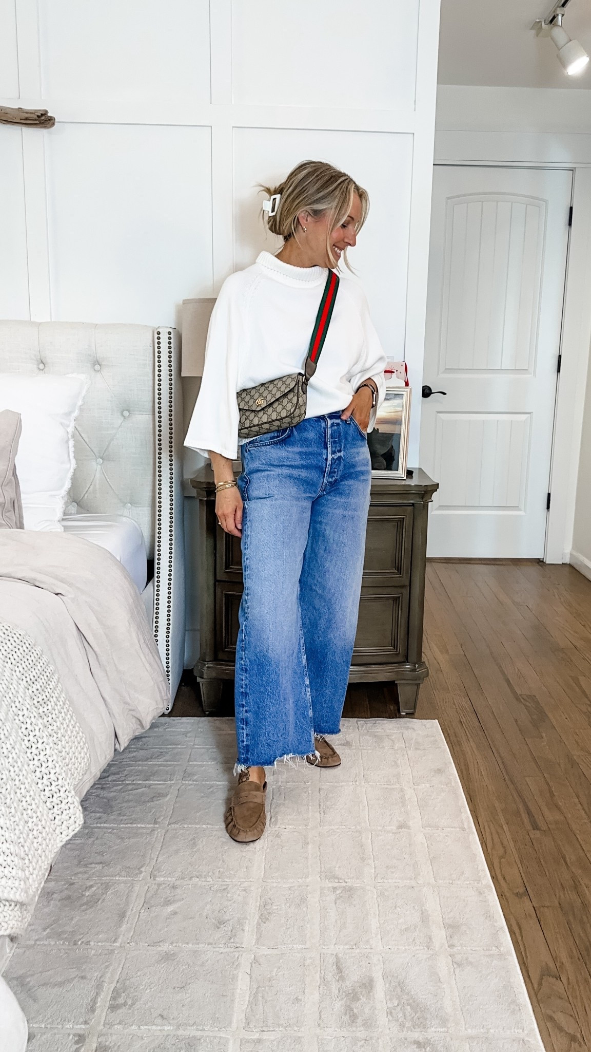 Mixing highs and lows for this cool mom outfit for work calls and school pickup. Small sweater that’s lighter weight, you can keep the mockneck up or roll it and it’s super soft and flowy. Washes well! Jeans are pricier but I love how they fit and feel. Tts 29 regular. Loafer mules are true to size; I’m in an 8. LOVE the color. So versatile. Makeup shades:
Foundation: medium
Blush: sprinkle
Lip: Lucia
Eye: taupe

#LTKootd #LTKMidsize #LTKdayinmylife