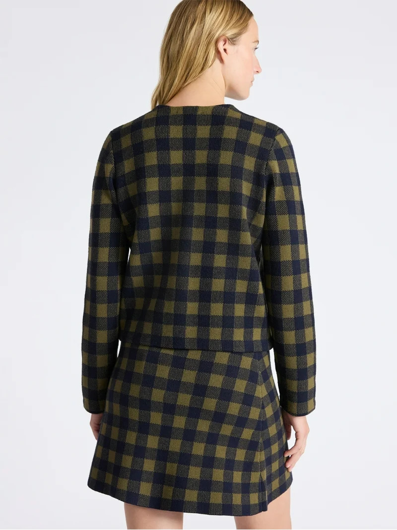 Free Assembly Women's Plaid Cardigan Sweater with Double Welt Pockets, Midweight, Sizes XS-XXL | Walmart (US)