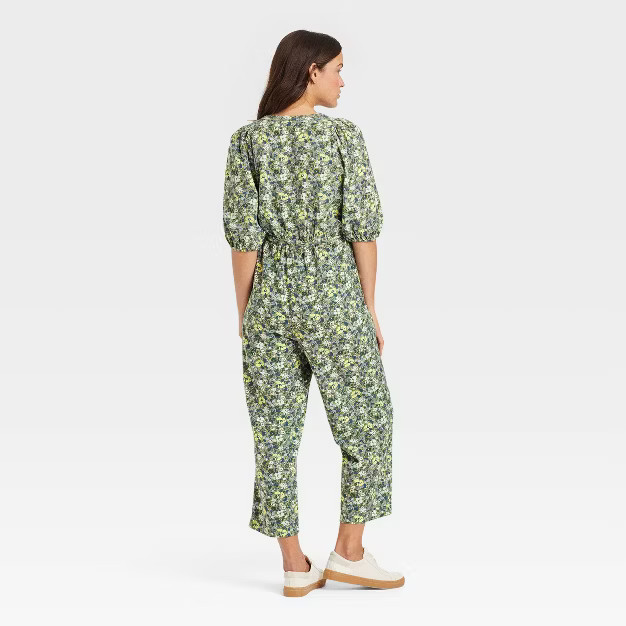Women's Puff 3/4 Sleeve Jumpsuit - Universal Thread™ Green Floral | Target