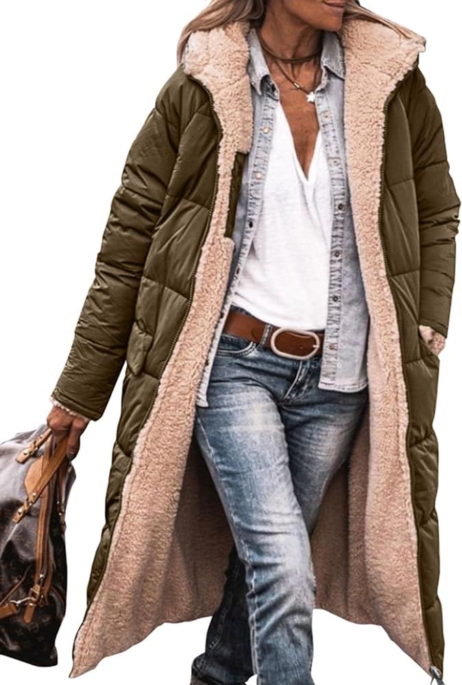 Women's 2023 Fall Fashion Coats Casual Loose Fleece Long Hooded Jackets Outerwear | Amazon (US)