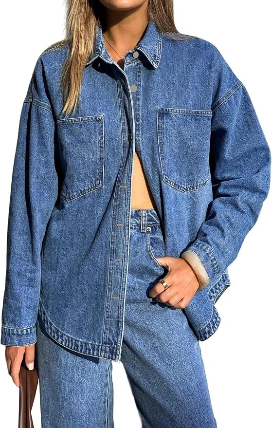 EMMIOL Women Denim Shirts Oversized Long Sleeve Button Down Blouse Distressed Jean Jacket Fall Ou... | Amazon (US)