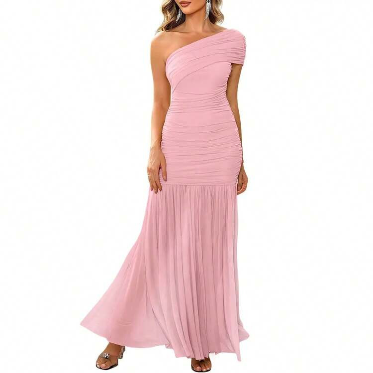 One Shoulder Ruched Mesh Bodycon Maxi Dress, Women Elegant Formal Evening Vacation Slim Long Dres... | SHEIN