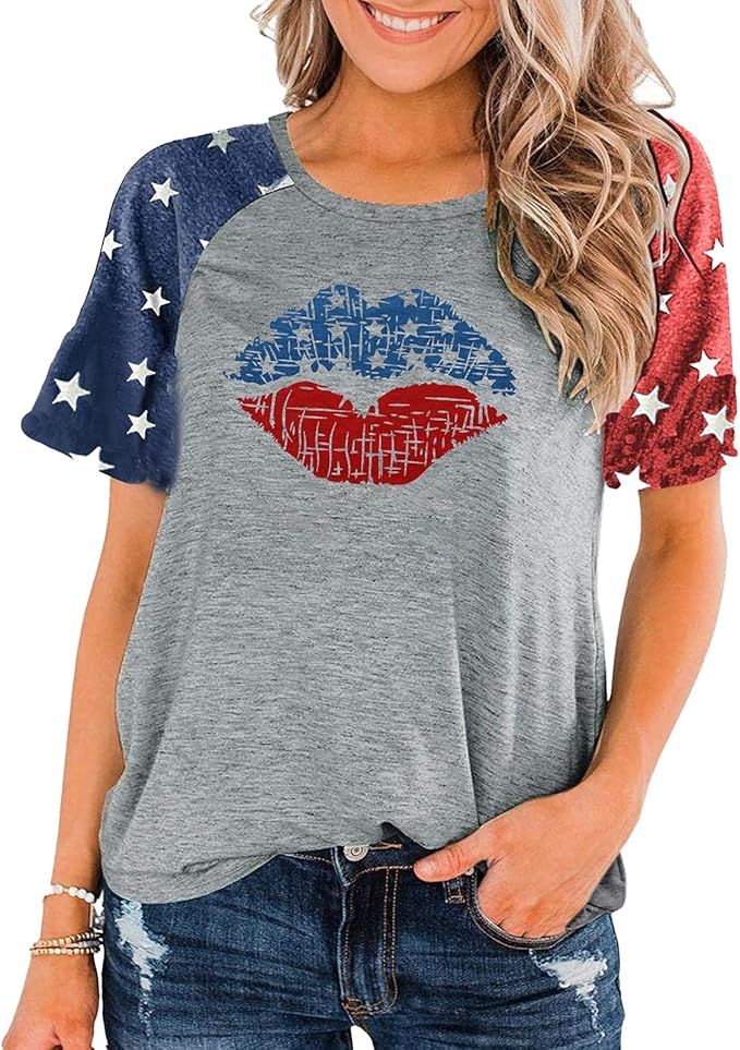 MNLYBABY American Flag Lips T-Shirts Women 4th of July Independence Day Shirt Funny Cute Print Ca... | Amazon (US)