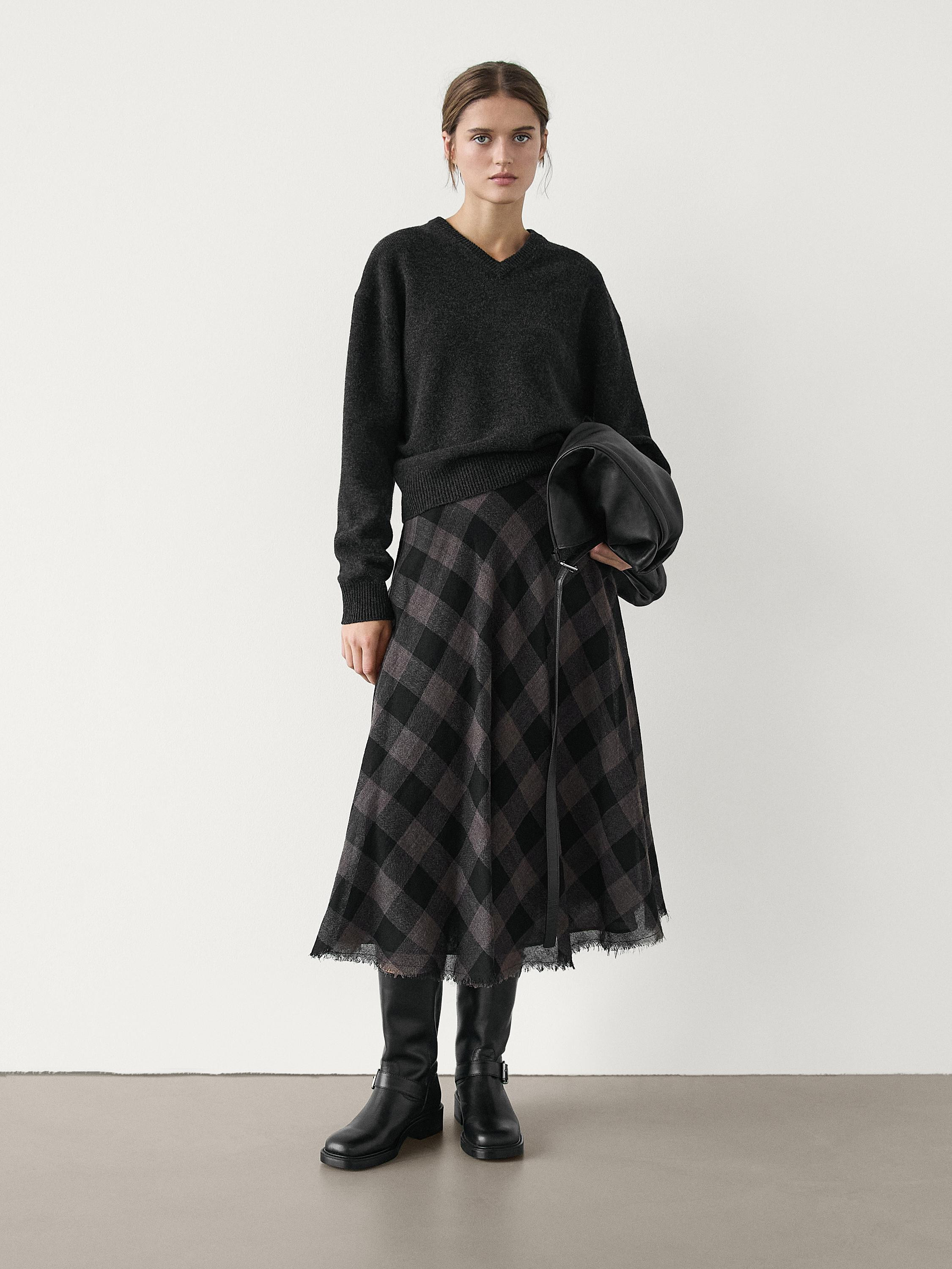 100% wool check midi skirt | Massimo Dutti US