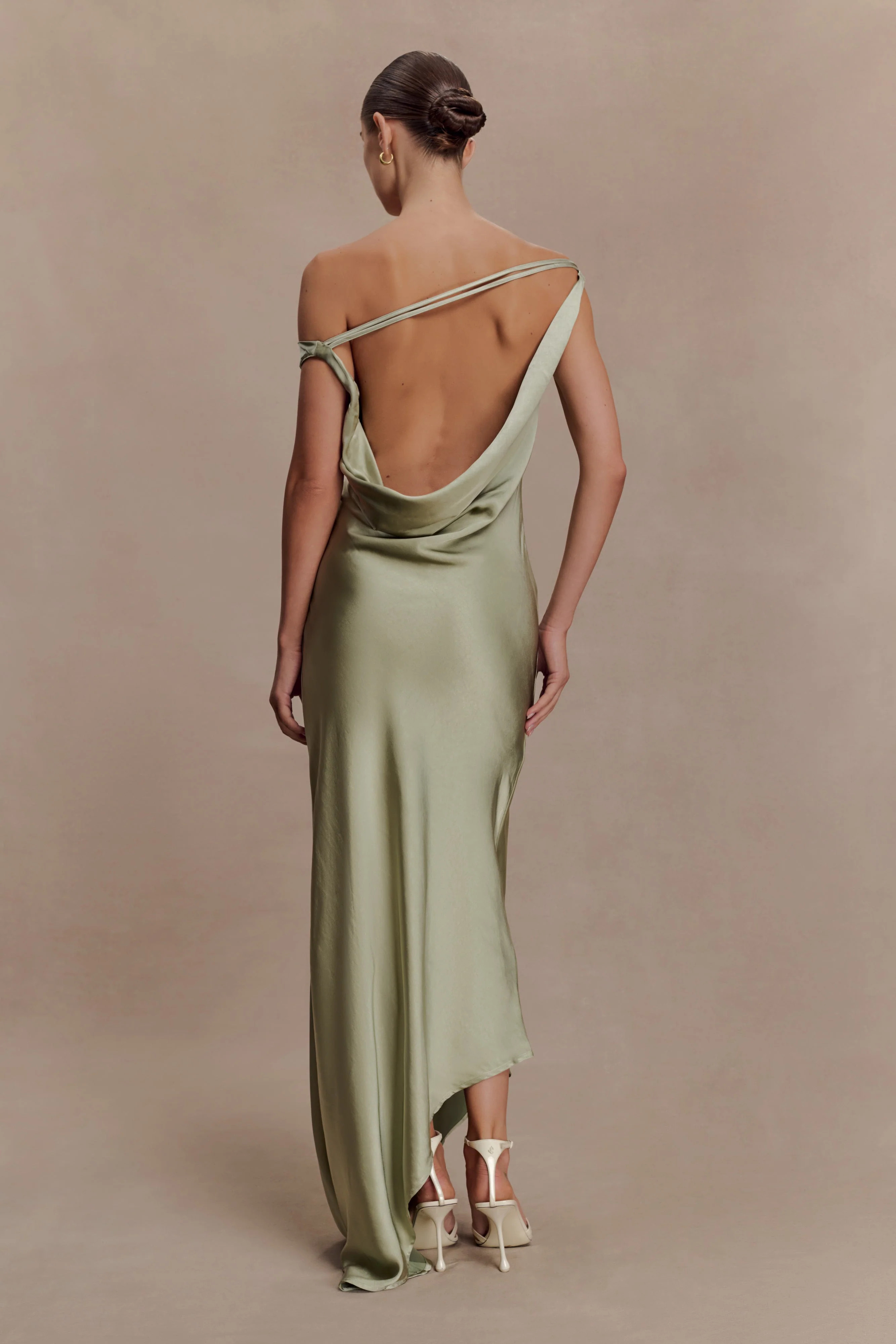 Yvette Slip Maxi Dress With Asymmetrical Hem - Sage | Meshki UK