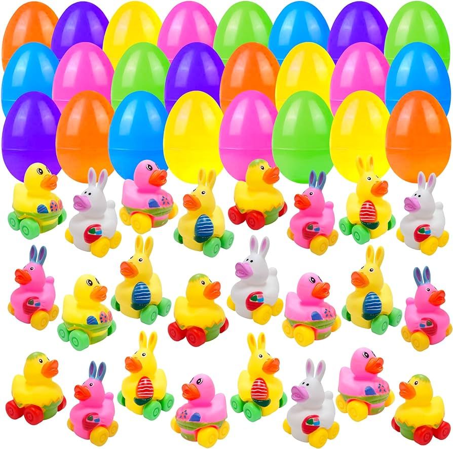 24 Pcs Easter Eggs with Rubber Ducks Cars Toys Soft Vehicles for Kids Toddlers Girls Boys Easter ... | Amazon (US)