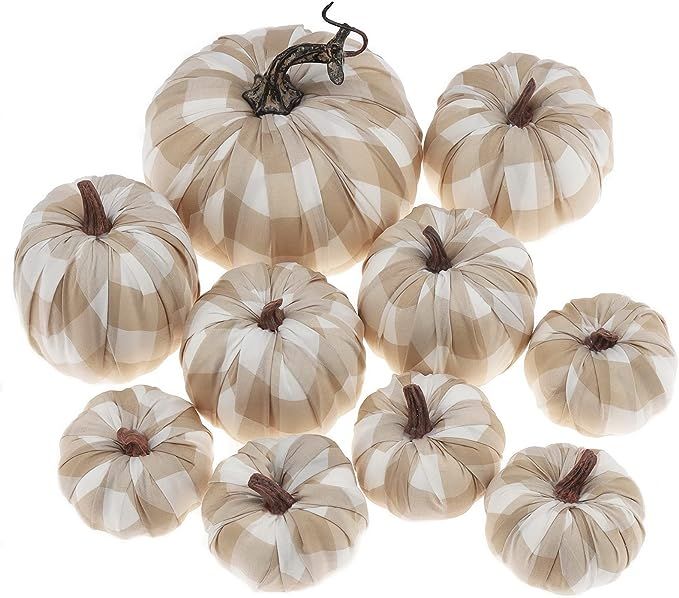 Woration 10 Pack Plaid Fabric Artificial Pumpkins Harvest Festival Fake Beige Burlap Pumpkins Dec... | Amazon (US)