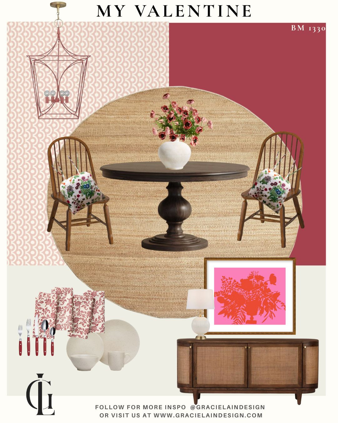 Wrapped with Benjamin Moore’s My Valentine 1330 💗 this sweet little dining area is pure cozy magic. Add a playful wallpaper for balance & subtle pattern, a beautifully set table with charming dining ware, a gorgeous textured cabinet, and stunning artwork (titled Valentine, of course). Finish it all with the perfect rose colored lantern to softly illuminate the space.

It’s the kind of spot made for lingering — morning coffee, intimate dinners, and long catch-ups. Even better? Tuck it into a corner banquette for the coziest arrangement imaginable.

Shop the look + see more romantic, livable spaces at gracielaindesign.com 💕

#ltkhome #ltkinteriors #diningroominspo #cozycorners #banquetteinspo #benjaminmoore #myvalentine #romanticinteriors #layeredhome #designinspo #gracielaindesign 

 #LTKValentine #LTKHome #LTKSaleAlert