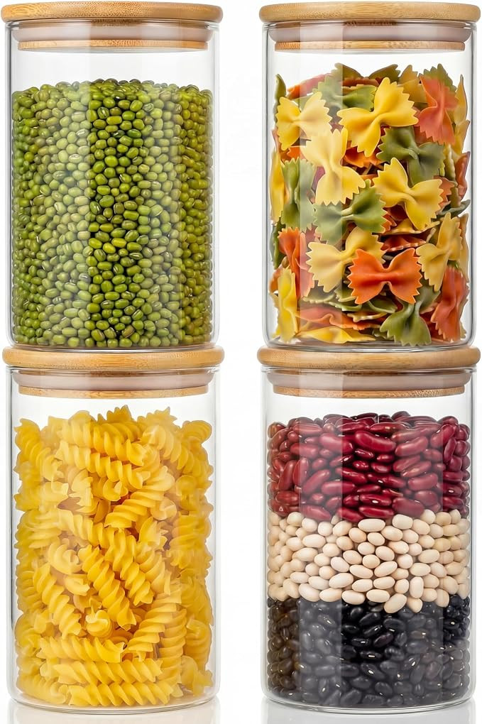 32oz - 4 Pack Glass Jars with Bamboo Lids, Glass Pantry Storage Containers with Airtight Lids, Ro... | Amazon (US)