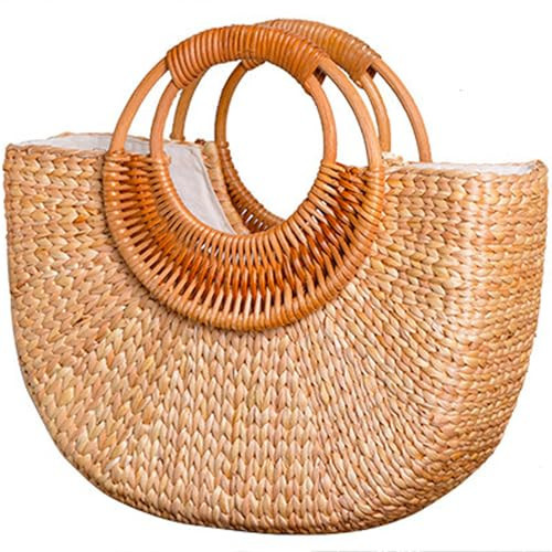QZUnique Hand-woven Straw Bag Women Summer Beach Handbag Purse Retro Rattan Tote Clutch Travel Bag with Wood Round Top Handle | Amazon (US)