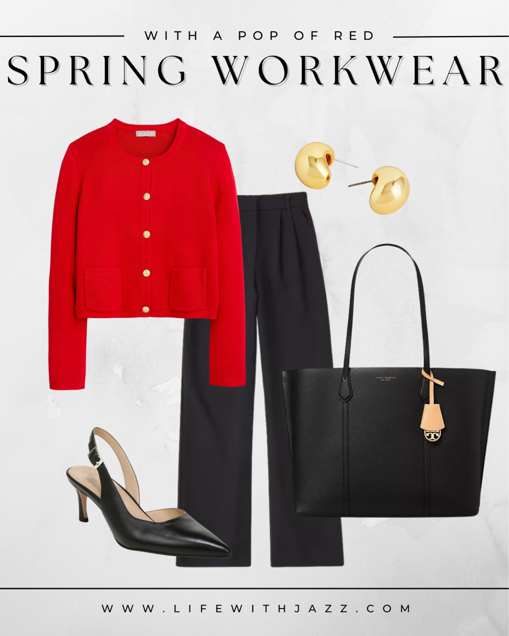Spring workwear with a pop of red ❤️ 

• J.Crew sweater jacket
• Abercrombie Sloane crêpe tailored pants - available in multiple colors & inseams, if you’re under 5’4” I recommend getting the petite length
• black slingbacks
• black, leather tote
• gold jewelry

Smart casual  / business casual / spring workwear / office outfits

#LTKworkwear #LTKSeasonal