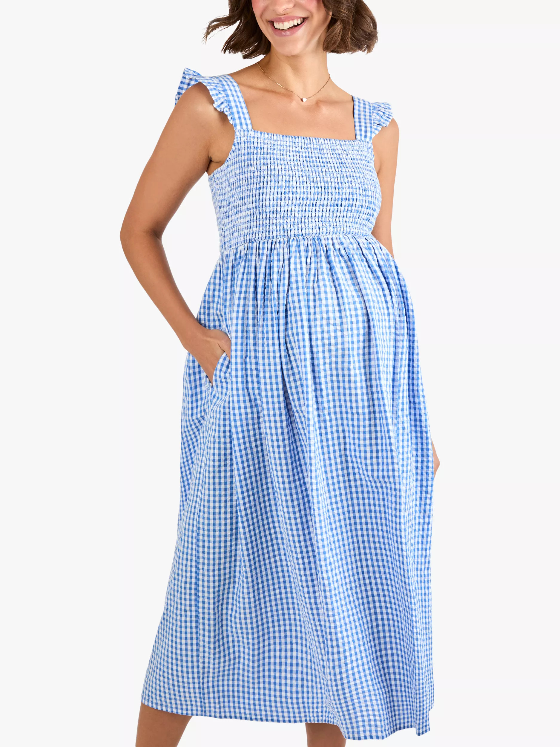JoJo Maman Bébé Gingham Shirred Maternity Dress, Blue | John Lewis (UK)