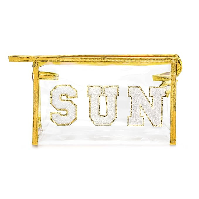 Y1tvei Preppy Patch SUN Varsity Letter Cosmetic Toiletry Bag Transparent PVC Zipper Makeup Bag Da... | Amazon (US)