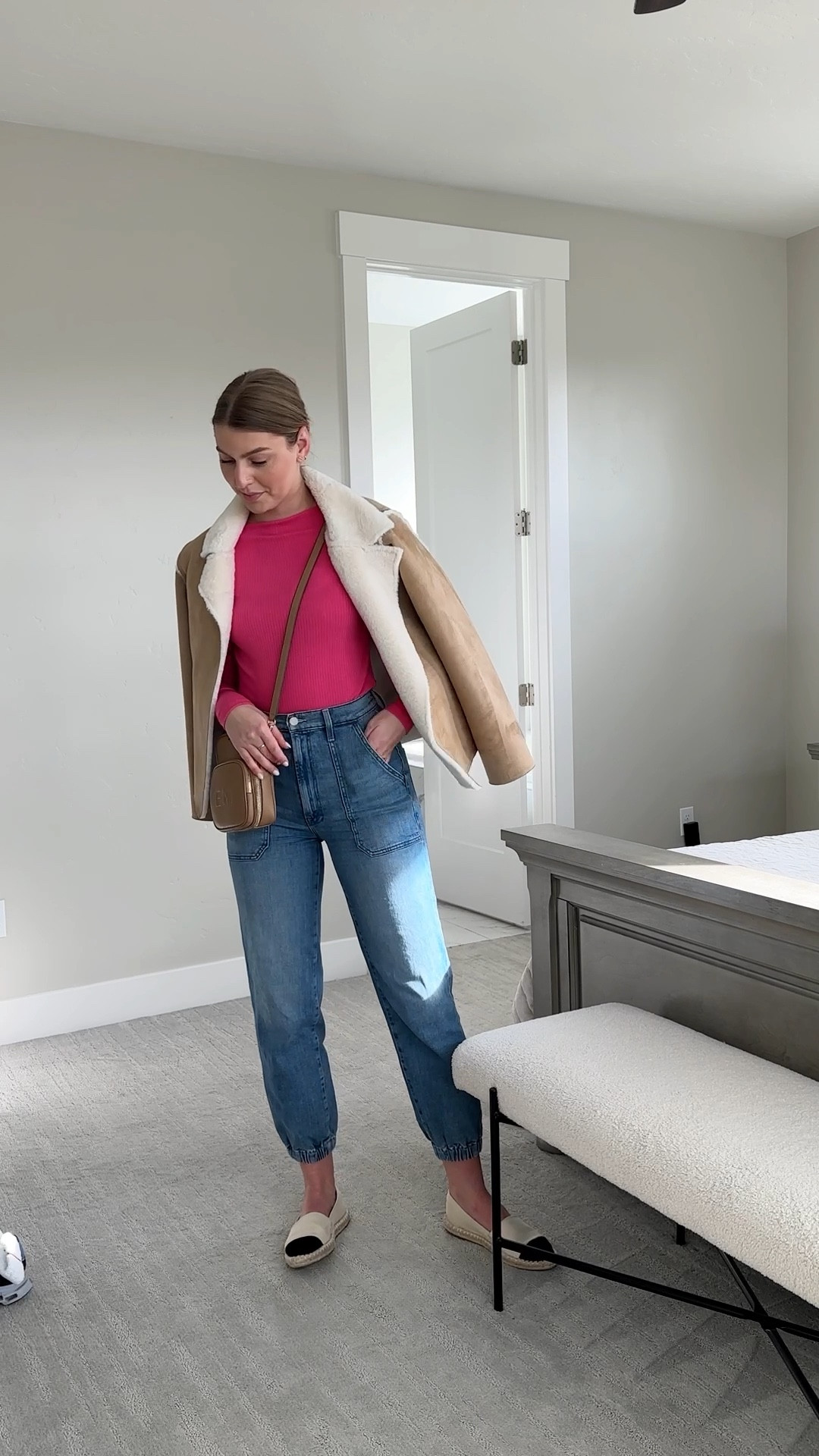 Pink boatneck sweater, denim joggers, espadrille flats, ootd