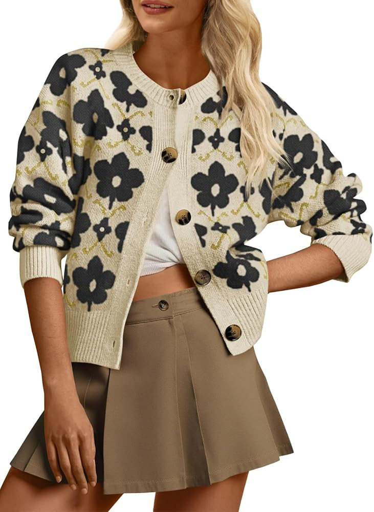 Saodimallsu Womens Floral Cardigan Sweaters Long Sleeve Open Front Button Down Knit Retro Sweater... | Amazon (US)