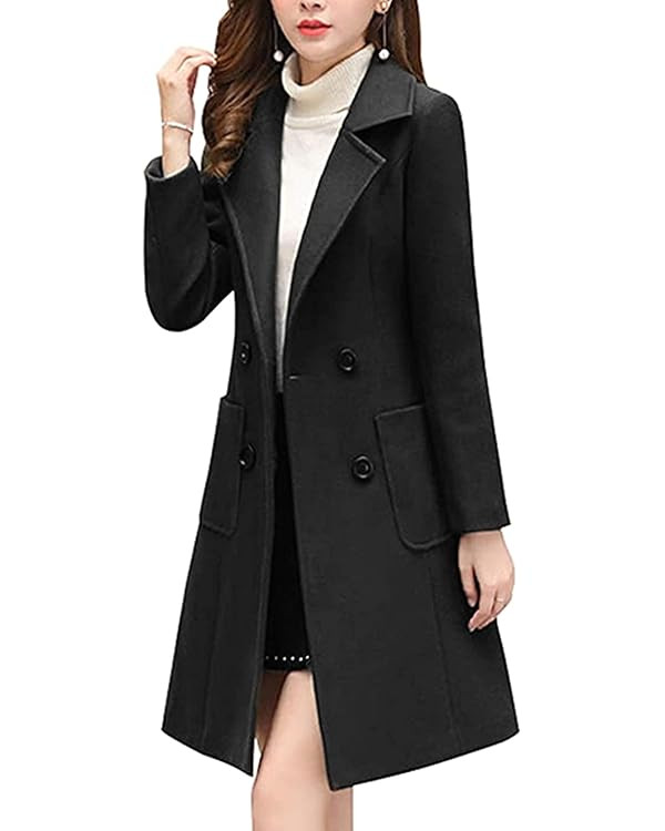 Bankeng Women Winter Wool Blend Camel Mid-Long Coat Notch Double-Breasted Lapel Jacket Outwear | Amazon (US)