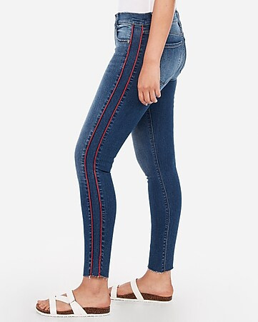 Mid Rise Denim Perfect Side Stripe Raw Ankle Leggings | Express