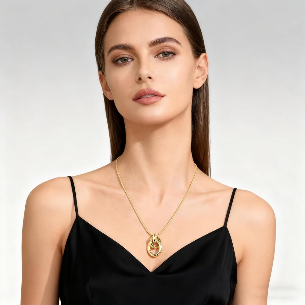 Gold Tone Irregular Oval Pendant Necklace for Women, Minimalist Chunky Snake Chain Necklace, Dain... | Amazon (US)