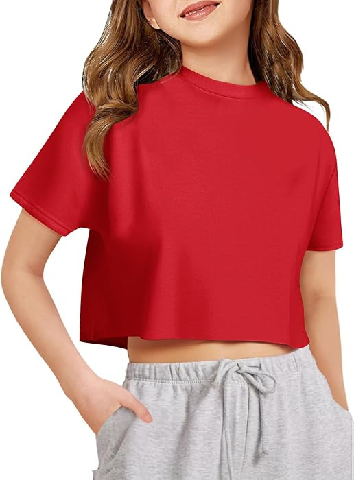 Haloumoning Girls Oversized Crop Tops Athletic Short Sleeve T Shirts 5-14Y | Amazon (US)