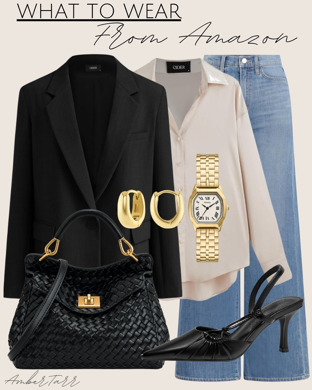 Amazon-chic but make it elevated —  black blazer, satin blouse, wide-leg jeans, gold jewelry, woven handbag, and slingback heels. 

#LTKOver40 #LTKFindsUnder100 #LTKFindsUnder50